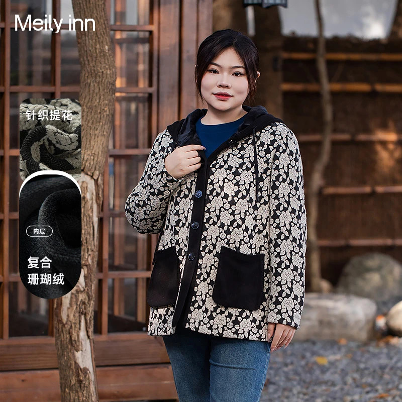 美丽客栈夜幕玫瑰外套女秋冬胖MM大码显瘦休女士韩版短款大码棉衣