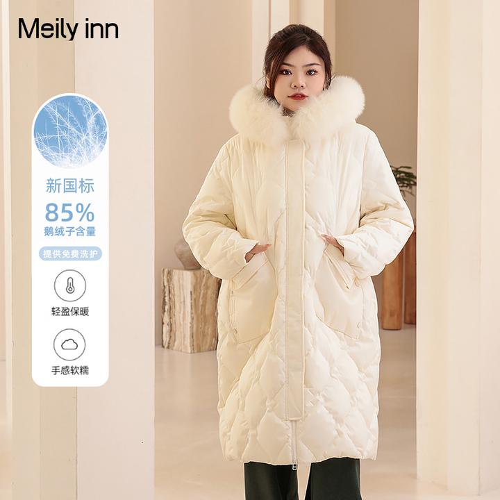 美丽客栈冰雪美人外套冬季连帽狐狸毛领大码女装显瘦白鹅绒羽绒服