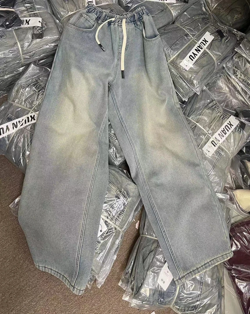 红人上新2024冬季宽松慵懒加长加大加绒版水洗百搭直筒牛仔裤