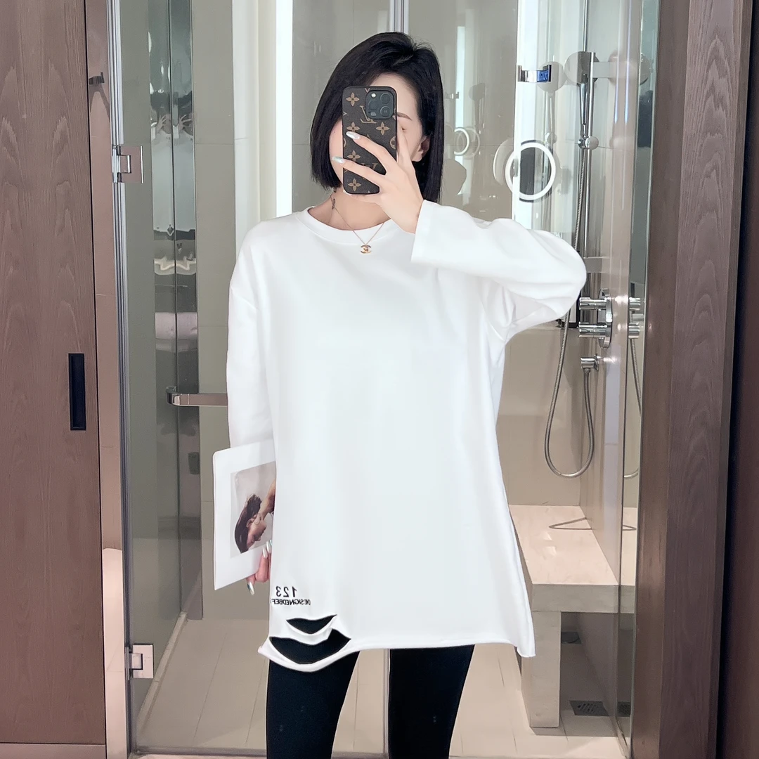 Etam/艾格2024白色打底休闲百搭宽松圆领简约中长款T恤