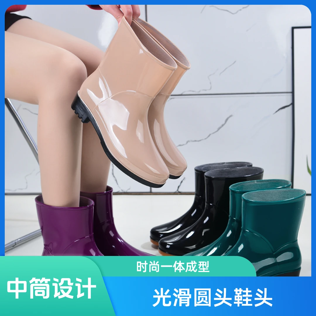 时尚新款中筒女款雨鞋低帮耐磨水鞋劳保工作水胶鞋加绒防滑防水鞋