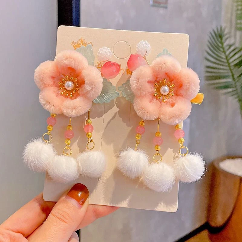 儿童毛球绒花古风发夹可爱毛绒汉服头饰草莓桃子冬春季小女孩对夹