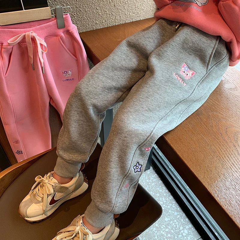女童加绒裤子2022秋冬新款儿童一体绒刺绣休闲卫裤中小童