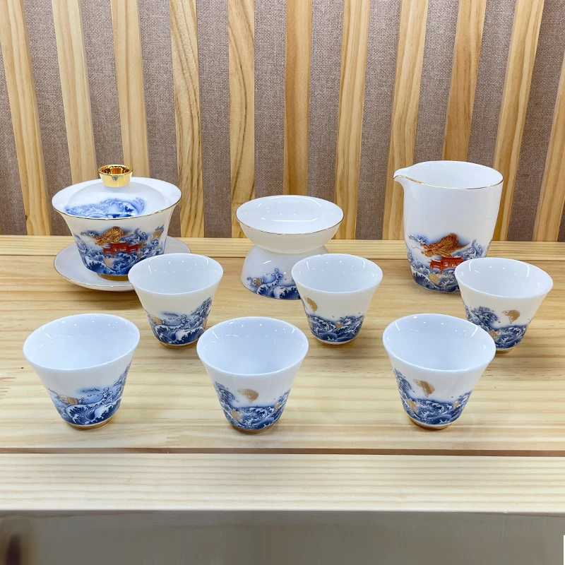 鱼跃龙门羊脂玉瓷茶具套装家用白瓷功夫茶具陶瓷盖碗茶杯办公室