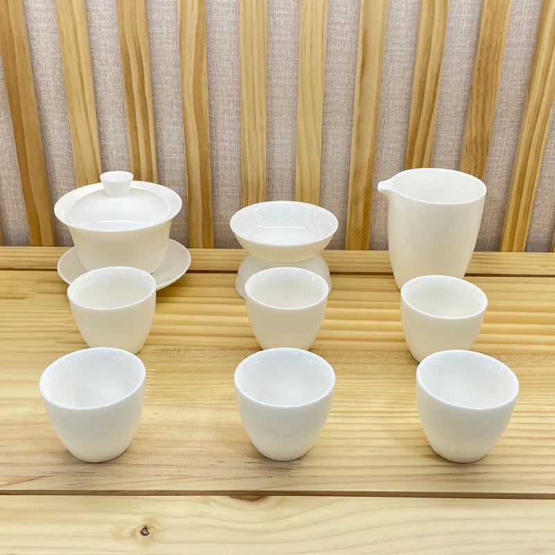 纯白十件套羊脂玉瓷茶具套装家用白瓷功夫茶具陶瓷盖碗茶杯简约