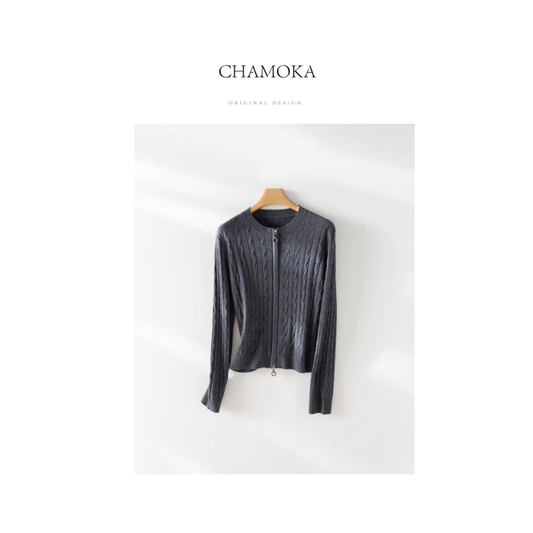 【夏莫卡】法式简约百搭显瘦复古绞花双拉链开衫L778