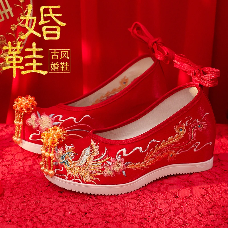 婚鞋秀禾鞋中式内增高布鞋红色新娘鞋低跟绣花鞋古风女汉服鞋子