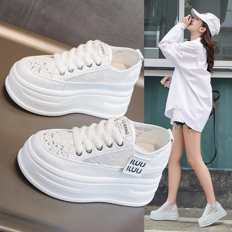内增高8cm蕾丝网鞋女ins2025夏季新款厚底透气小白鞋百搭低帮女鞋
