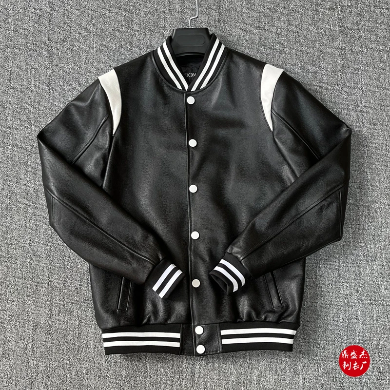 头层柔软小牛皮真皮皮衣男士棒球服纯皮夹克外套休闲皮青年外套