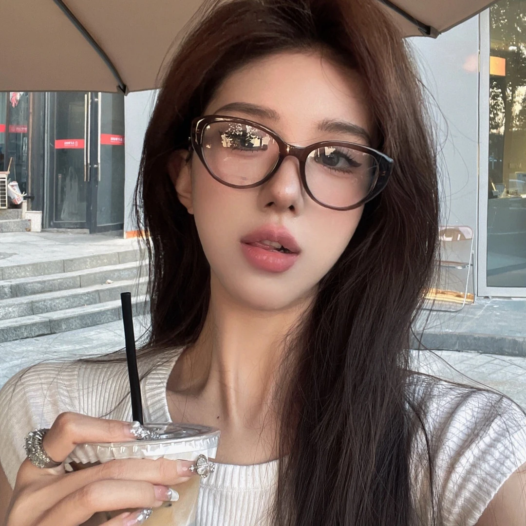 茶色猫眼眼镜框女学生近视可配度数复古防蓝光素颜平光镜大脸显瘦