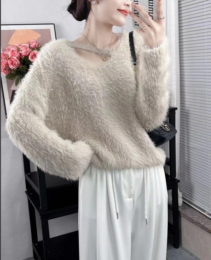 软糯仿水貂绒针织衫毛衣女秋冬2023新款设计感百搭短款套头打底衫