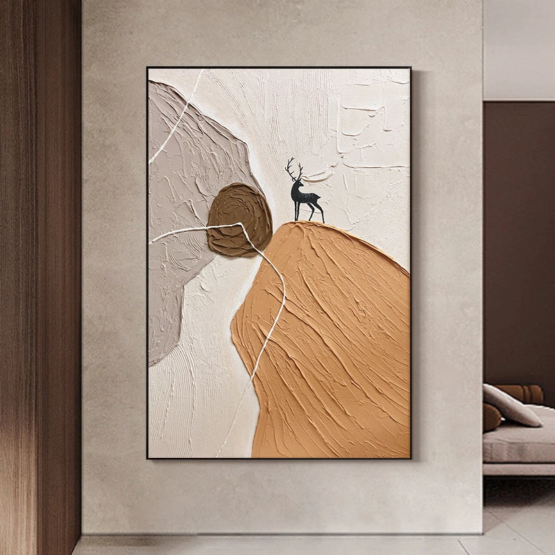《有鹿生财》纯手绘油画客厅沙发背景墙抽象装饰画现代简约玄关挂画