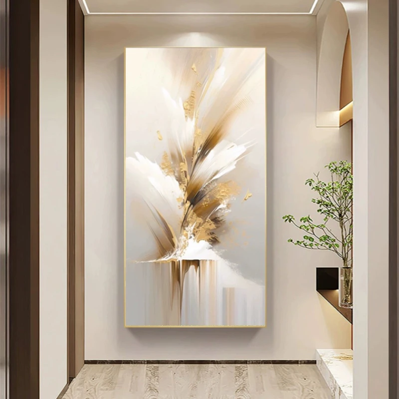 《遇见》金色抽象玄关画现代简约正对门走廊尽头挂画竖版高级感壁画