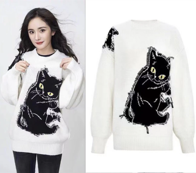 杨幂薇娅明星同款猫咪针织衫女秋冬新款韩版宽松百搭毛衣潮