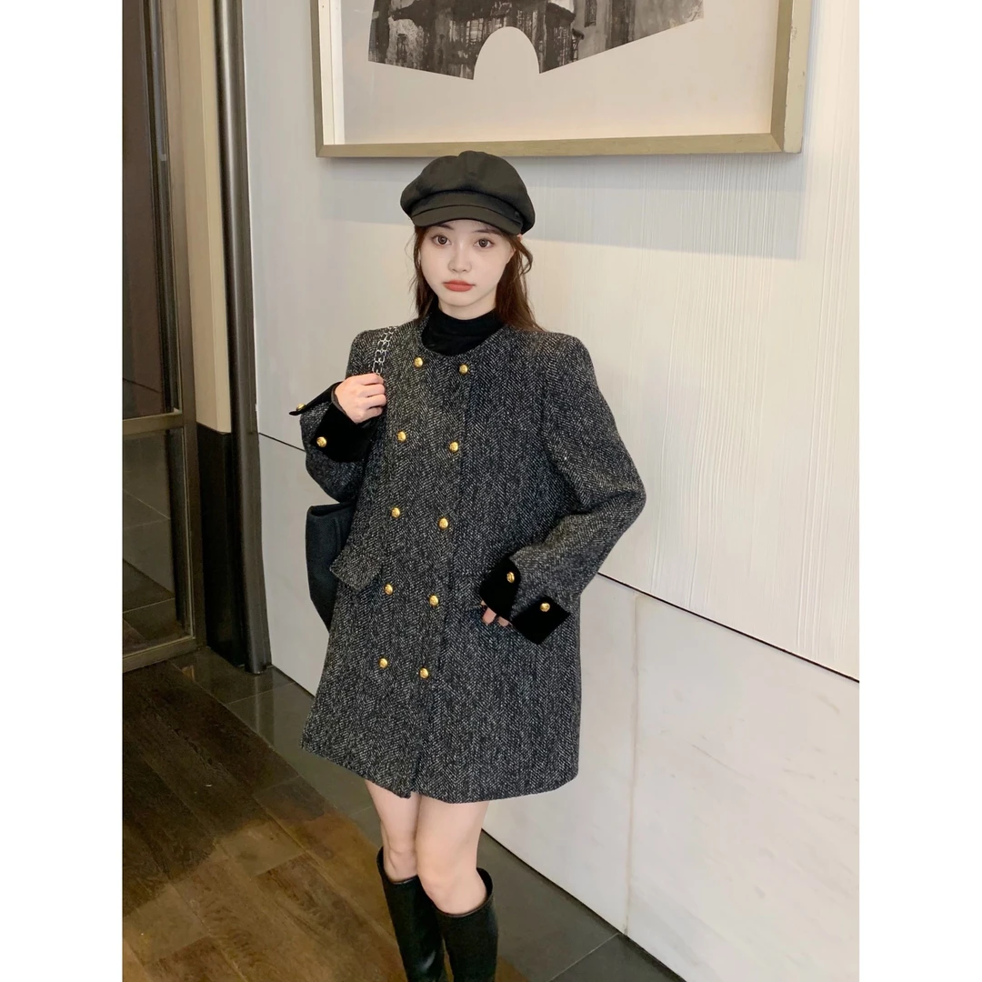 大码秋冬重工小香羊毛粗花呢圆领中长款外套/A字连衣裙女