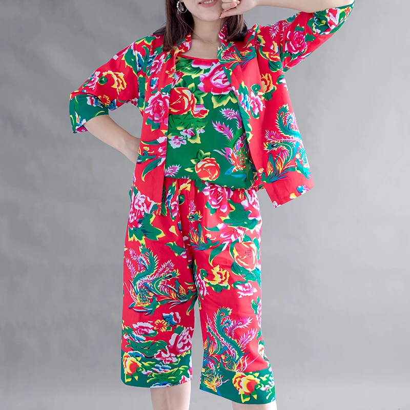 东北大花布衣服 聚会搞笑姐妹装 村姑女民族风舞蹈演出服棉绸套装