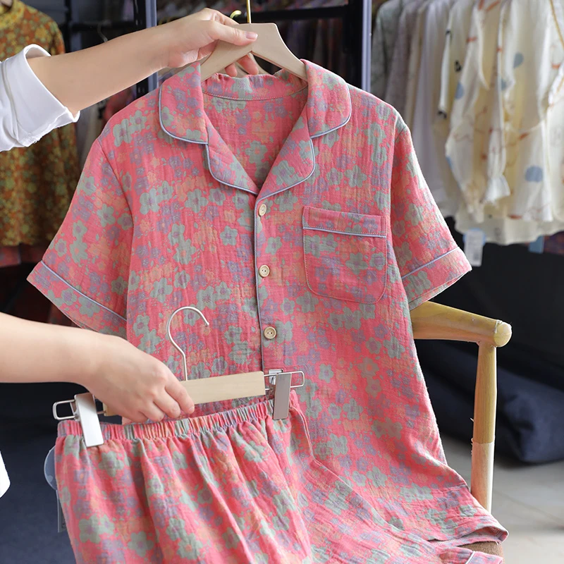 民族风复古夏季纯棉碎花睡衣两件套女 短袖短裤宽松版家居服套装