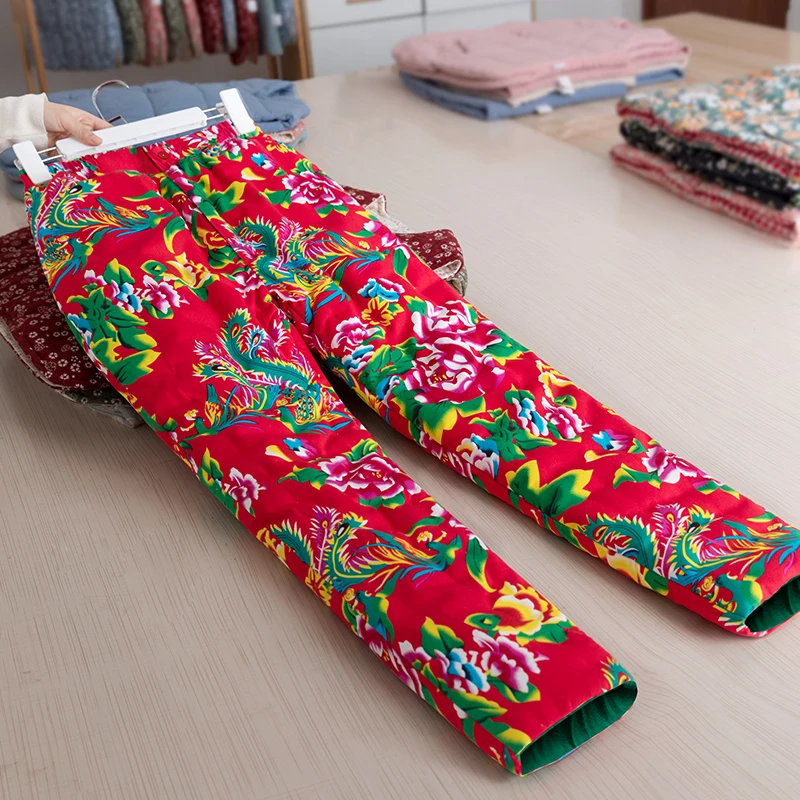 女士东北大花布拜年服 成人保暖高腰花棉裤子加厚 外穿保暖裤冬季