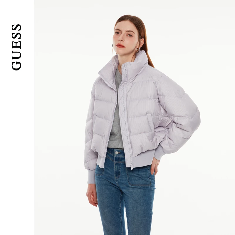 GUESS 女士时尚百搭竖条纹立领羽绒服-Q4PL12W55R0