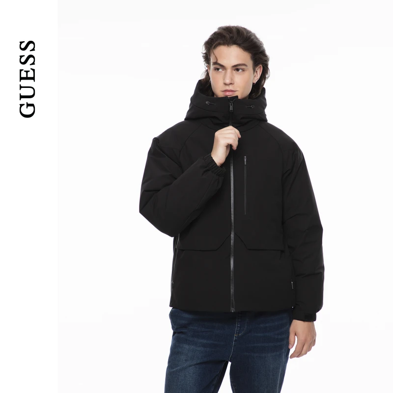 GUESS 纯色拉链口袋立领连帽羽绒服-M4PL4HW55R0