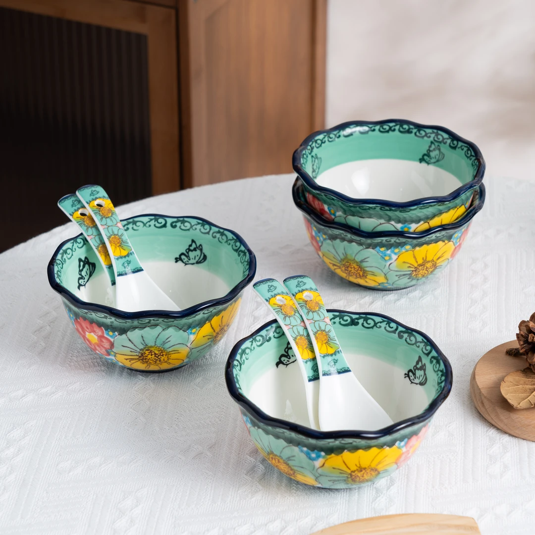 【泡芙专属】西里西亚碧海苍田5寸花边碗（4碗4勺）