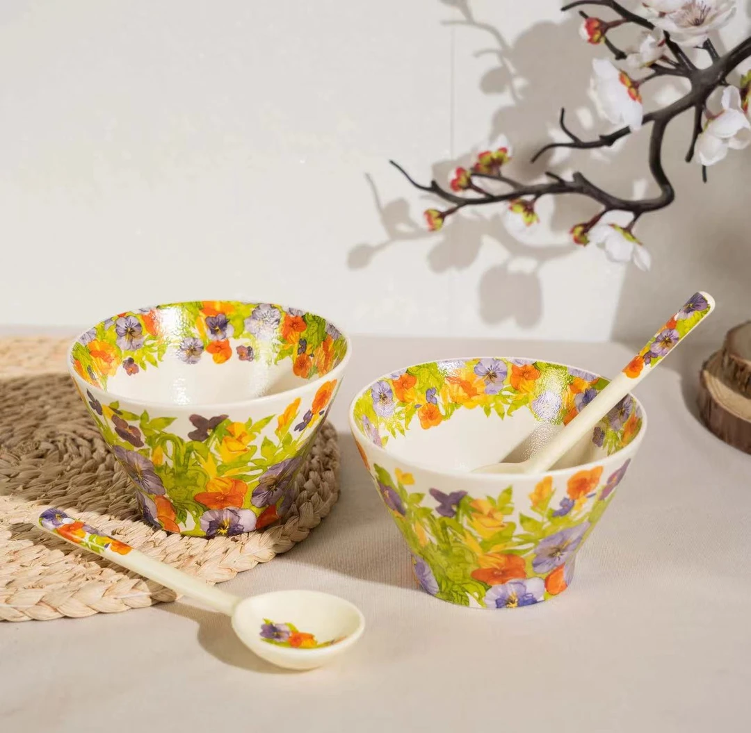 [泡芙专属]三色堇-5英寸斗笠碗两碗两勺