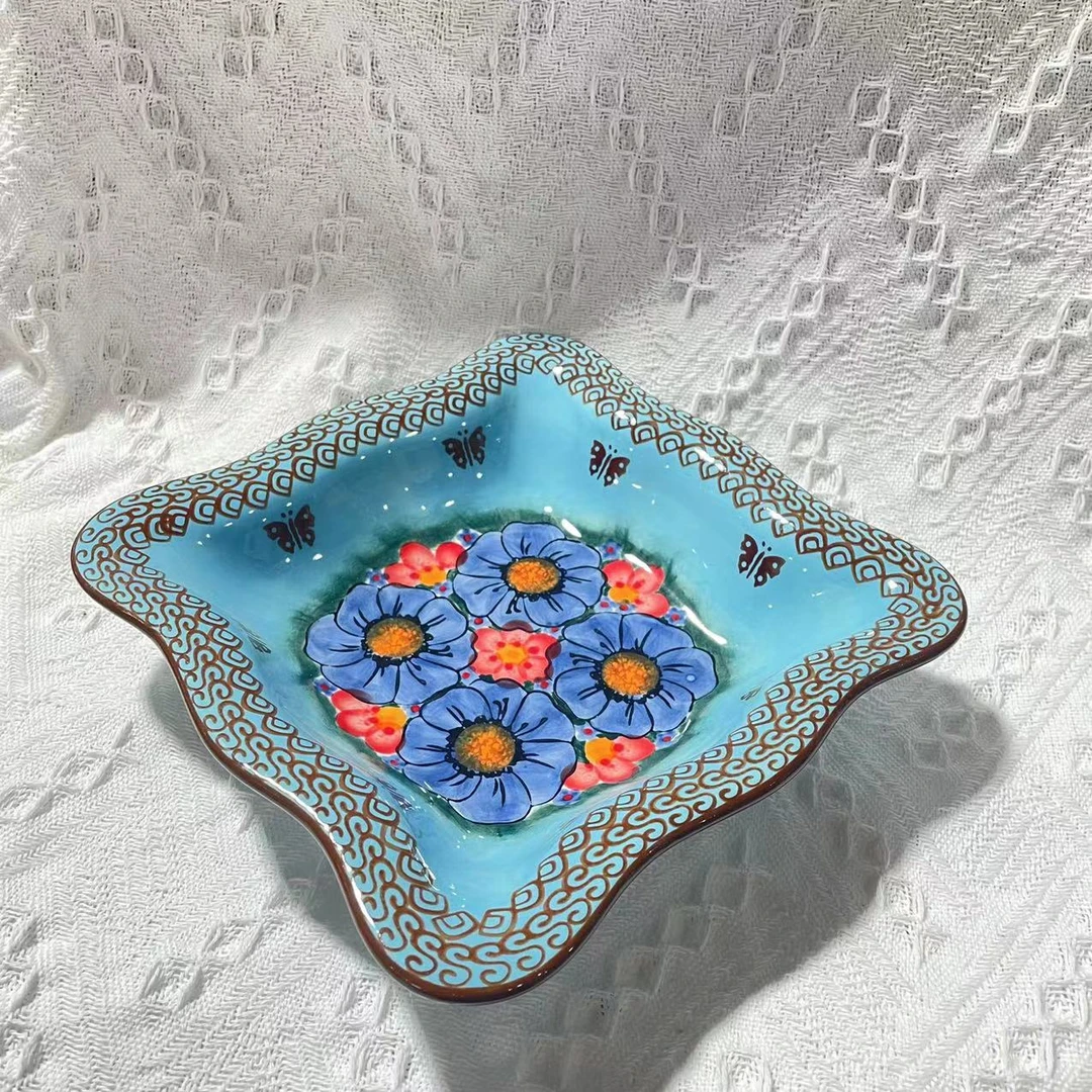 【SILESIA/出口原单】手绘琉璃蓝彩-8英寸四方汤盘