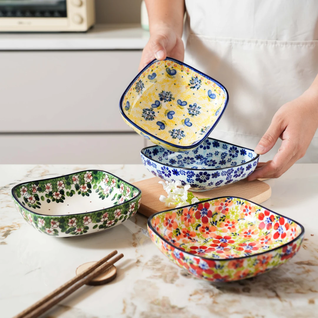 【泡芙专属】西里西亚手绘四季花开-5.8英寸四方深碟