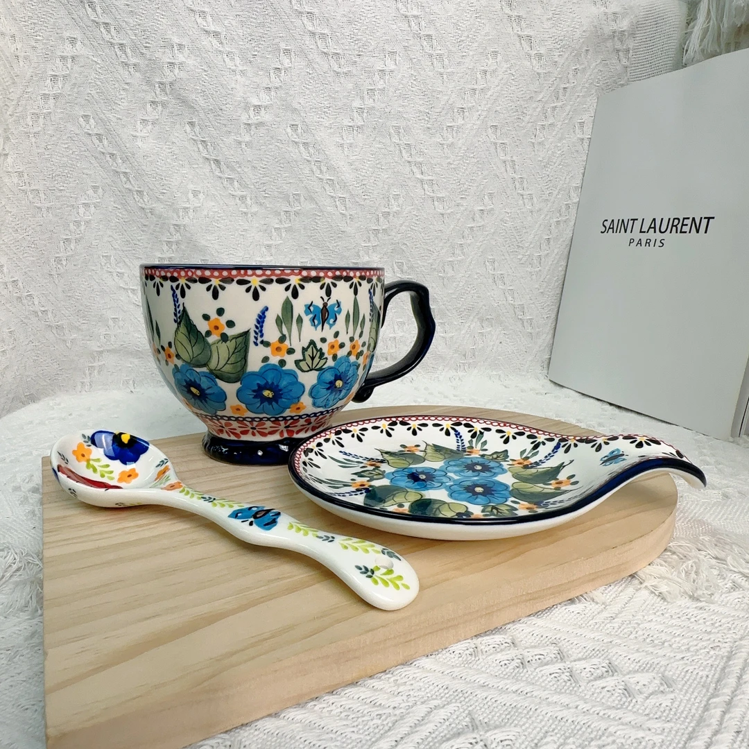 【SILESIA/出口原单】手绘西里西亚蓝凤尾-800ml早餐杯（配勺子）