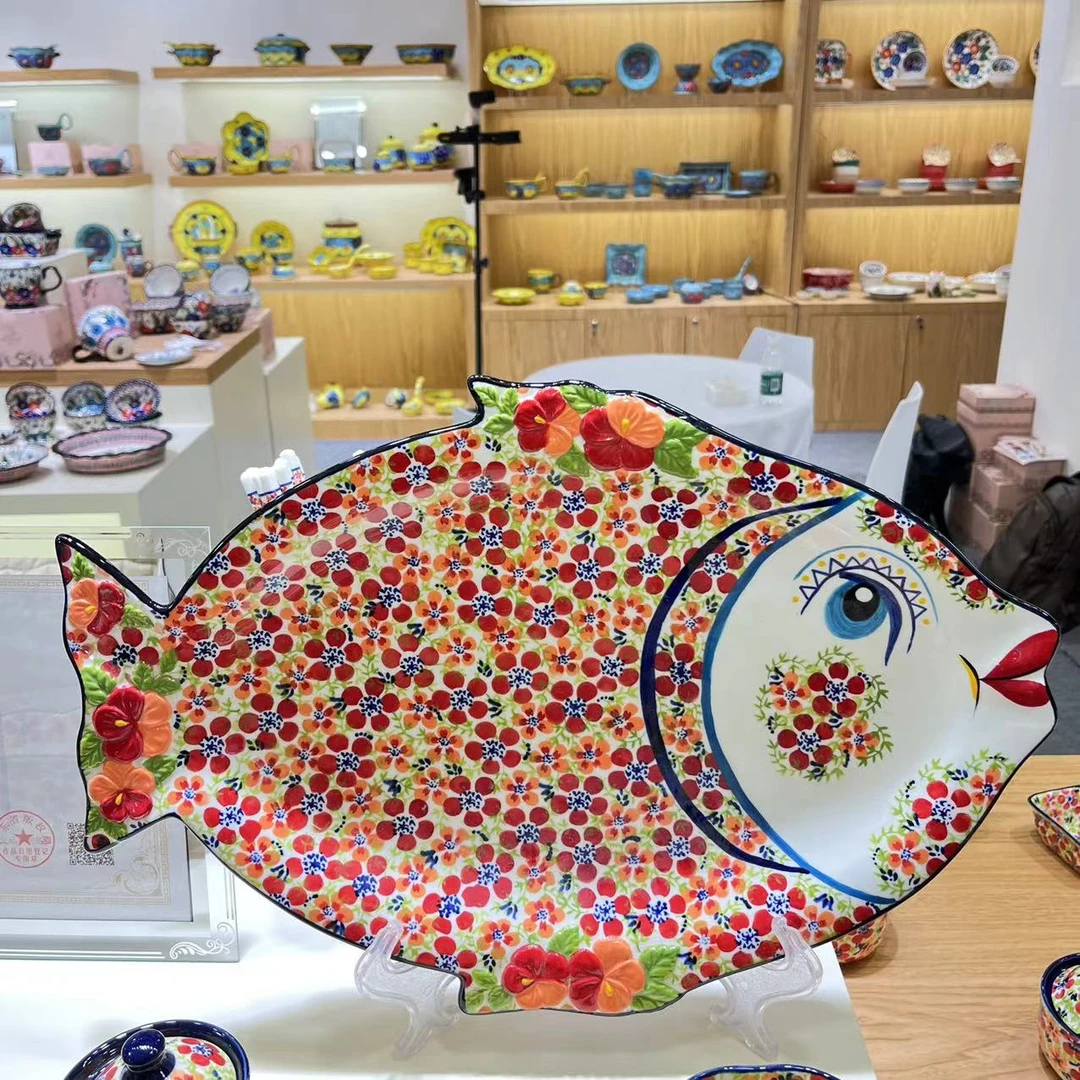 【SILESIA/出口原单】手绘浮雕碧丝粉黛-18.5英寸鱼盘菜盘