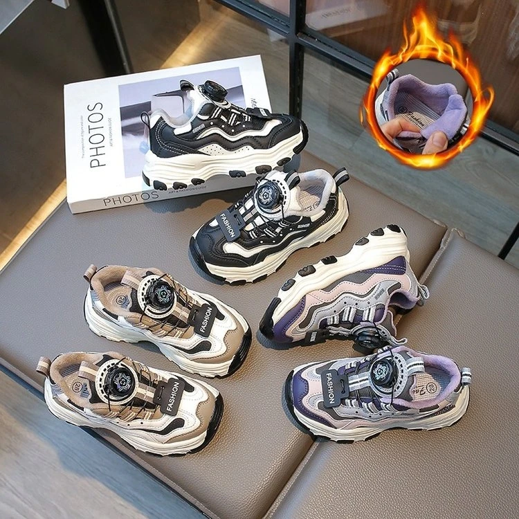 女童加绒运动鞋孤品清仓秋冬儿童旋钮扣中大童休闲老爹鞋防滑软底
