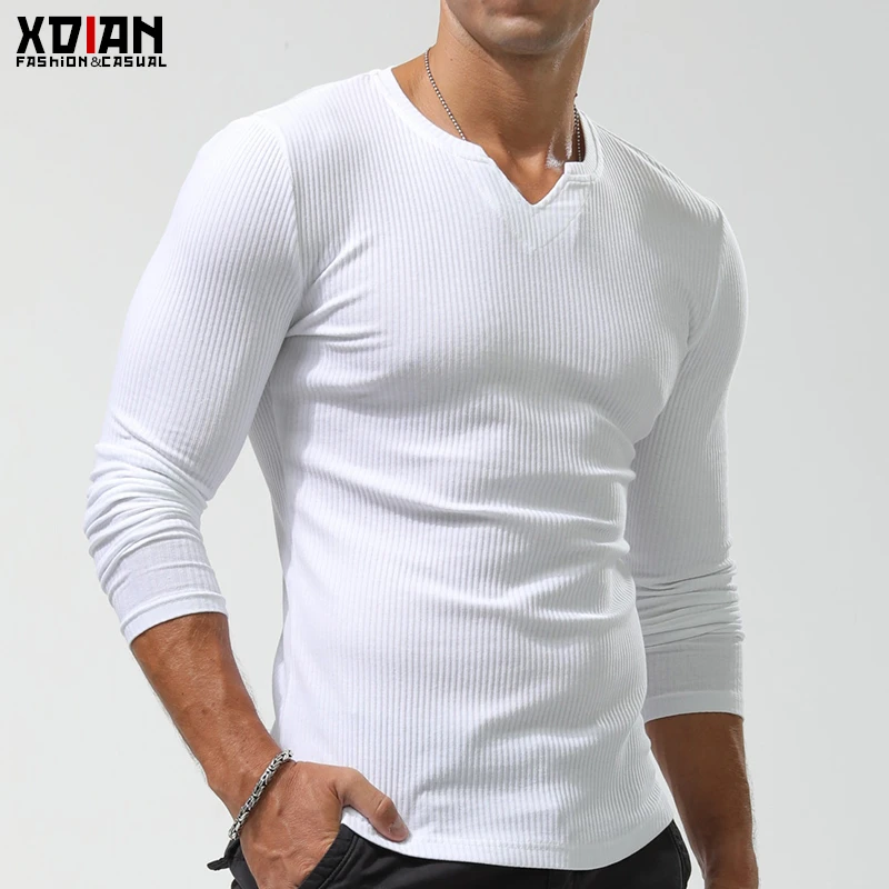 螺纹布打底衫男棉小V领长袖t恤修身紧身肌肉男健身内搭潮流春秋款