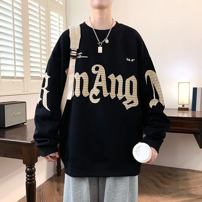 2024秋季男上衣港风宽松休闲百搭棉质潮流印花圆领套头卫衣潮9501