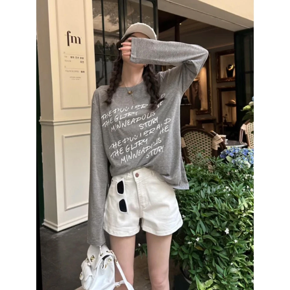 2025新款字母印花防晒长袖t恤女夏薄款透气百搭宽松空调罩衫上衣