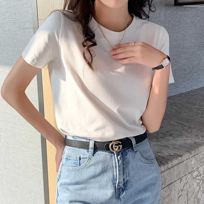 夏纯棉白色短袖t恤女基础款休闲百搭体恤韩版宽松正肩潮牌上衣ins