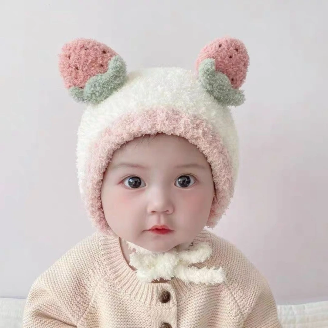 婴儿加绒帽子秋冬保暖护耳套头男童女童毛绒帽子超萌幼儿加厚帽