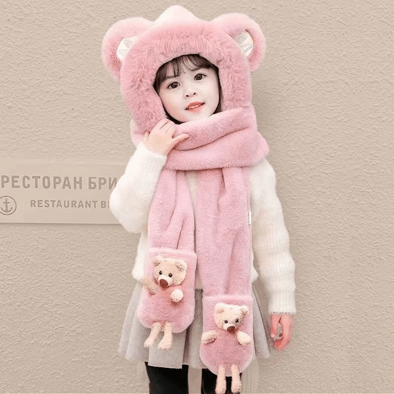 女童帽子冬季三件套宝宝加绒手套秋冬男童毛绒儿童一体帽子围巾