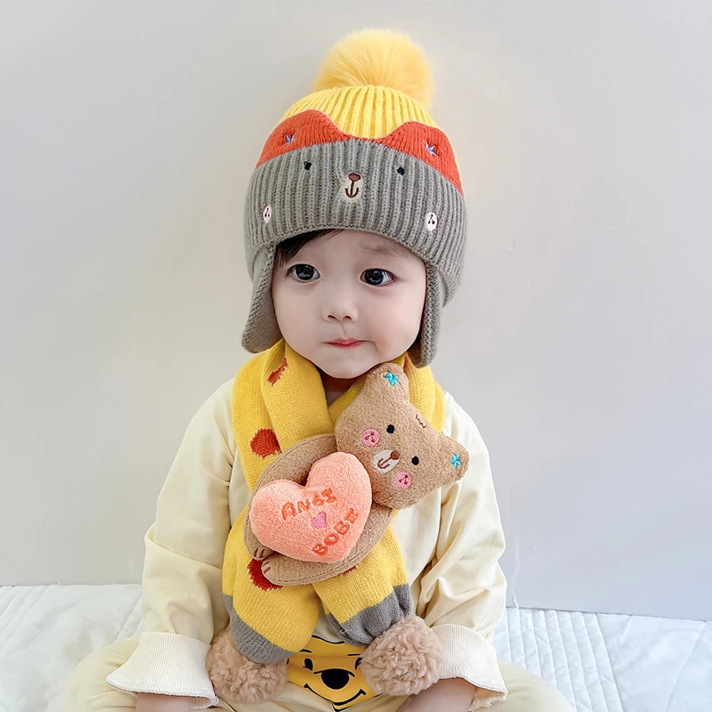 婴儿帽子秋冬毛线帽宝宝护耳毛线保暖帽围巾套装加厚针织帽二件套