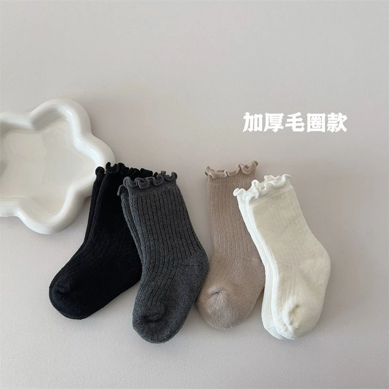 【勿中差p反1】女童袜子秋冬季加绒加厚中筒袜儿童木耳边保暖宝宝