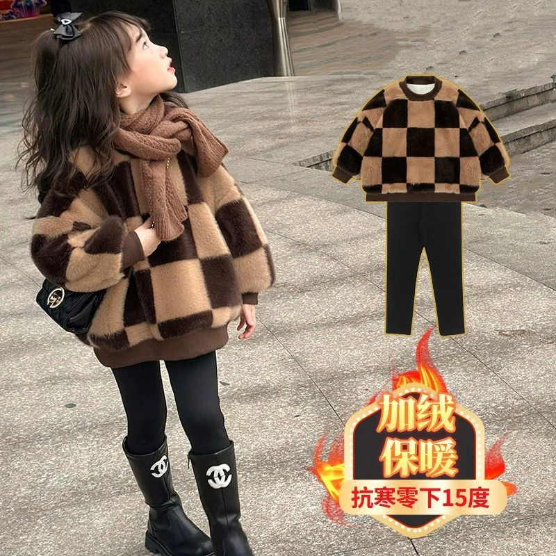 新品巴拉巴拉女童加绒套装2023新款秋冬季女宝宝上衣网红两件装毛