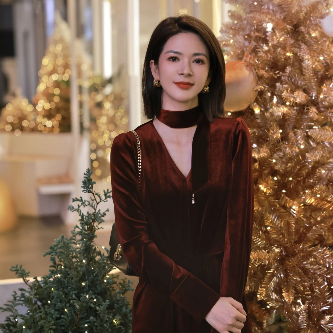 圣诞恋歌 醋酸丝绒系飘带秋冬法式复古氛围显瘦连衣裙#121