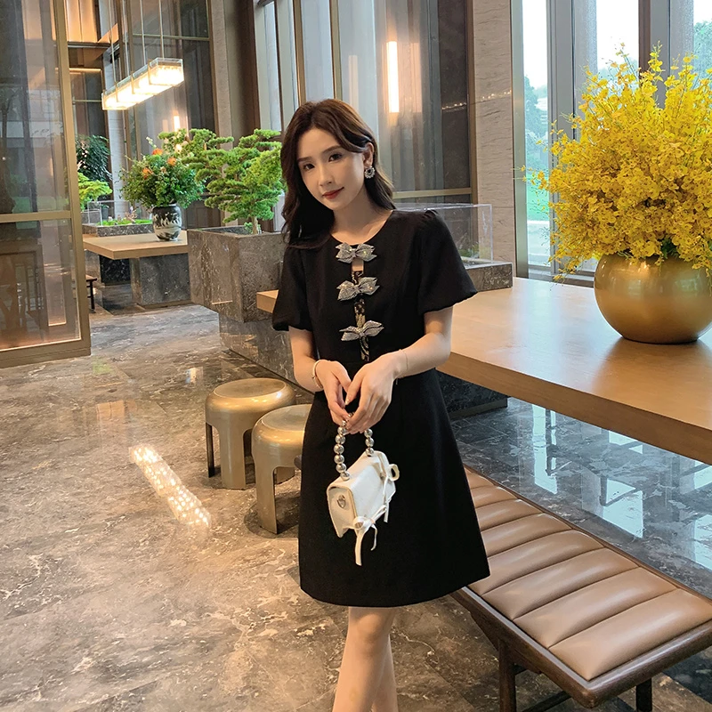 [奢姿轻奢系列]大码女装2024夏季胖妹妹蝴蝶结钻饰设计时尚连衣裙