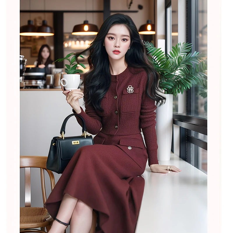 奢姿2024年秋季新款大码女装上衣半裙套装胖妹妹小香风针织两件套