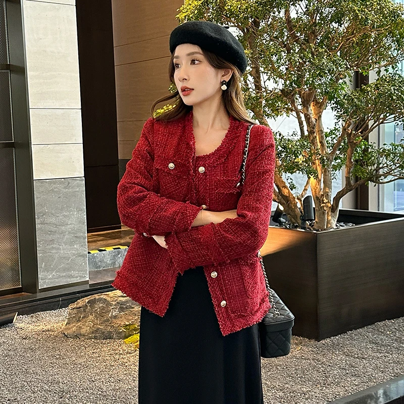 奢姿大码女装2024冬季胖妹妹减龄粗花呢小香风时单排扣时尚外套