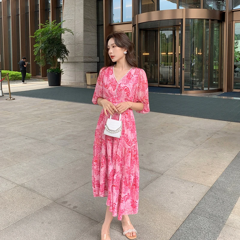 奢姿大码女装2024年夏季减龄印花裙子胖妹妹雪纺V领七分袖连衣裙