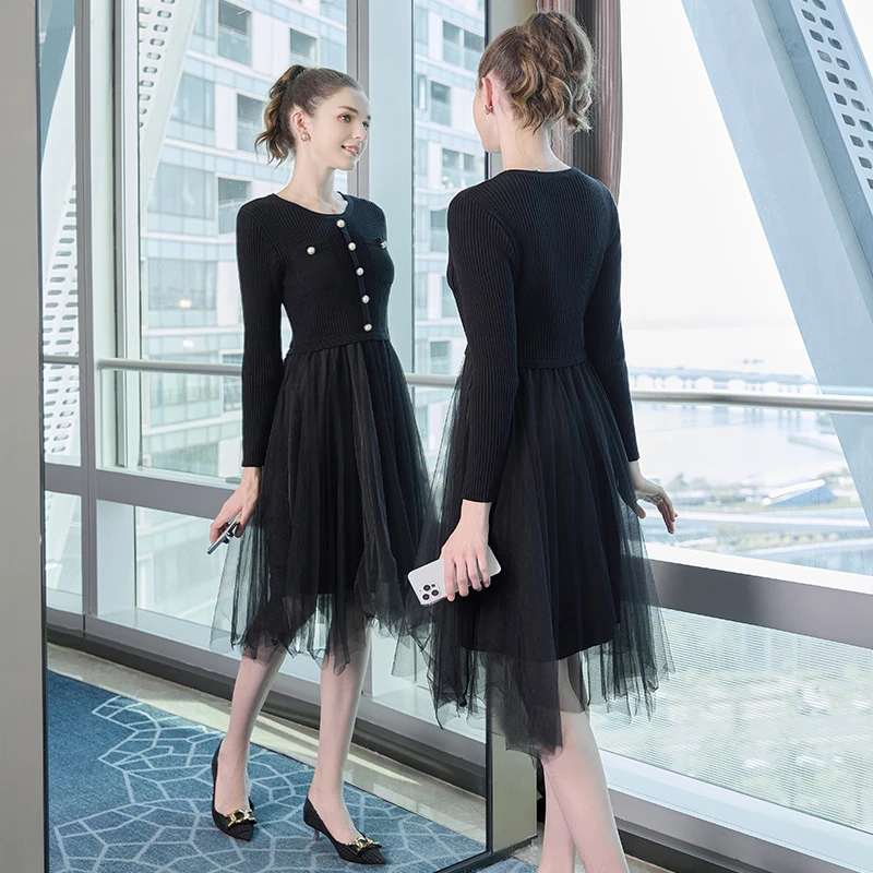 奢姿冬装纱裙新款胖妹妹大码女装时尚优雅网纱拼接毛织连衣裙裙子