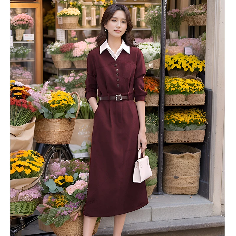 奢姿大码女装2024秋季气质翻领时尚连衣裙胖妹妹系带假两件裙子