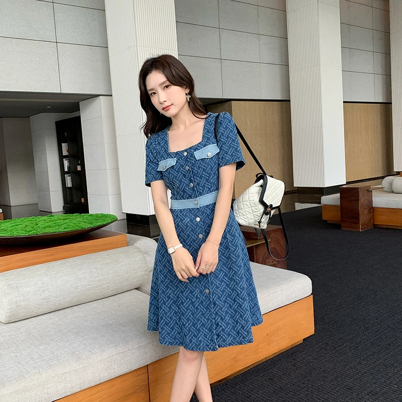 奢姿2025夏季新款大码女装气质方领裙子胖妹妹拼接减龄提花连衣裙