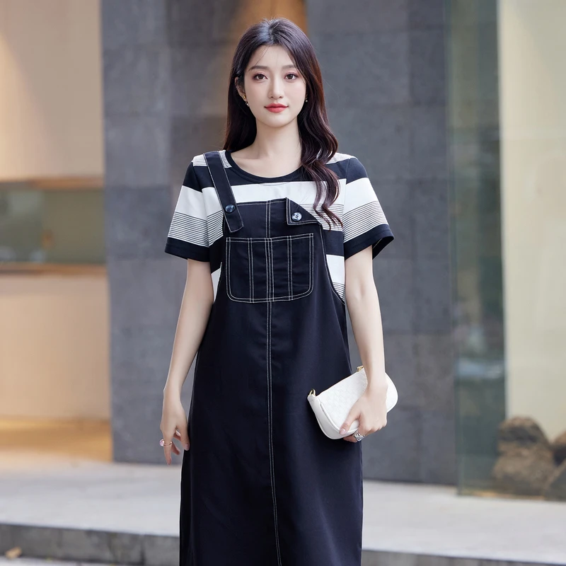 奢姿2025年夏装新款大码女装拼接时尚连衣裙胖妹妹假两件百搭裙子