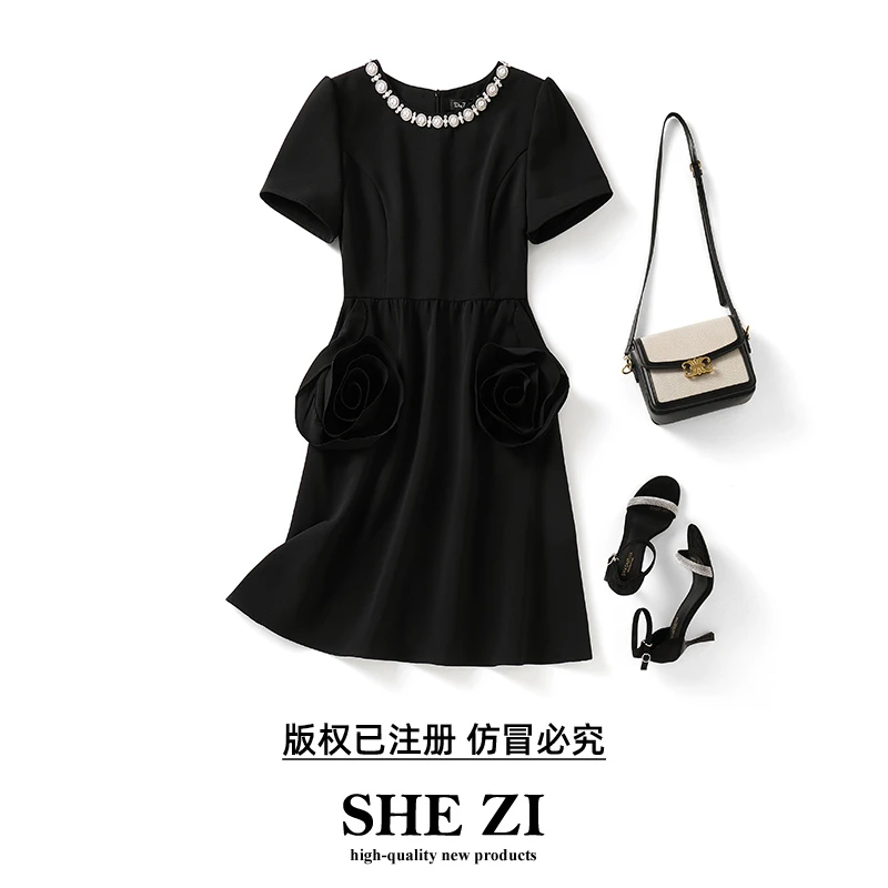 [奢姿轻奢系列]大码女装2024夏季玫瑰装饰裙子胖妹妹时尚连衣裙